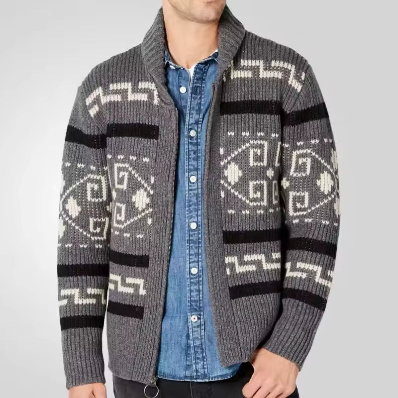 Men's Thick Cable Knit Crew Neck Cardigan Sweater