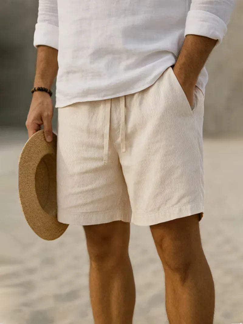 Men's Casual Pleated Elastic Waistband Cotton Shorts