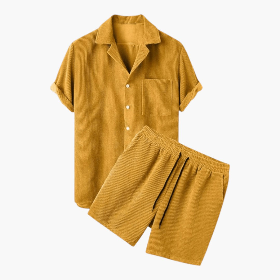Men's Casual Corduroy Button-Up Shirt and Shorts Set
