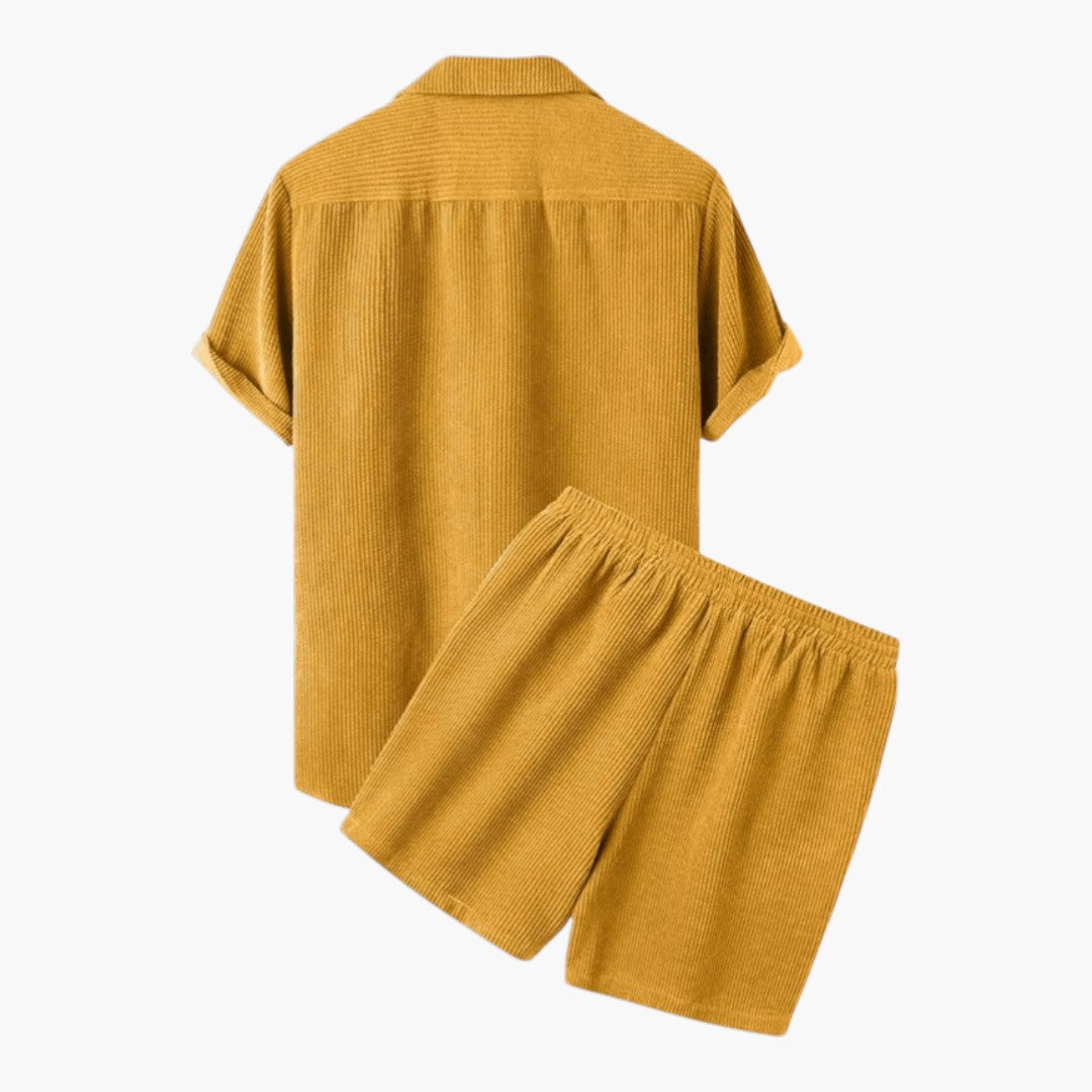 Men's Casual Corduroy Button-Up Shirt and Shorts Set