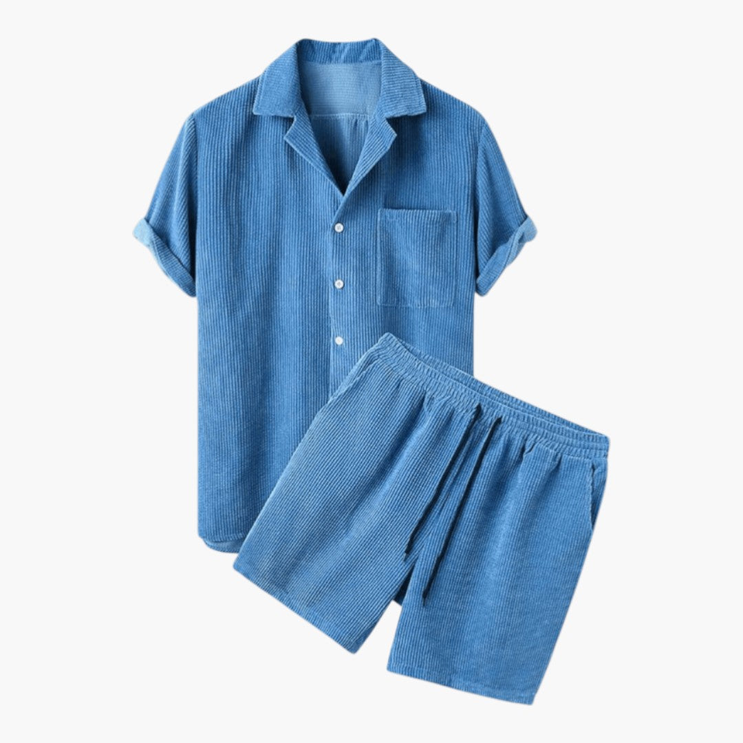 Men's Casual Corduroy Button-Up Shirt and Shorts Set