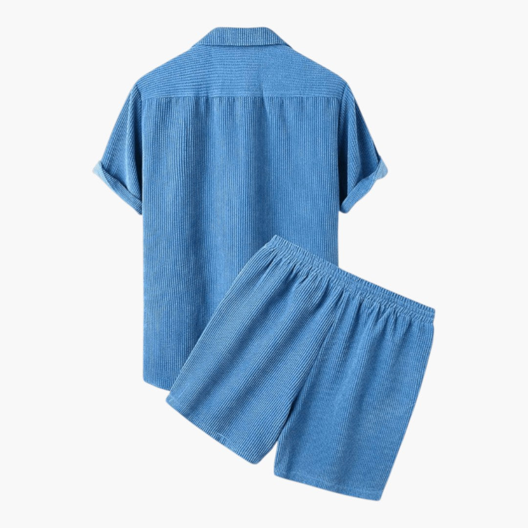 Men's Casual Corduroy Button-Up Shirt and Shorts Set
