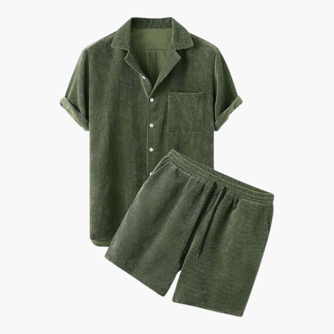 Men's Casual Corduroy Button-Up Shirt and Shorts Set