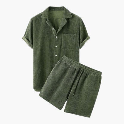 Men's Casual Corduroy Button-Up Shirt and Shorts Set