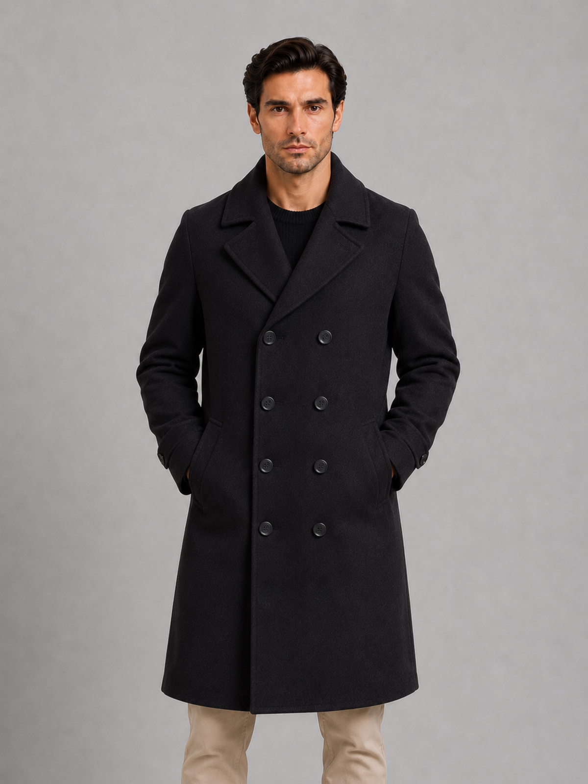 Men's Classic Wool Blend Double Breasted Long Coat