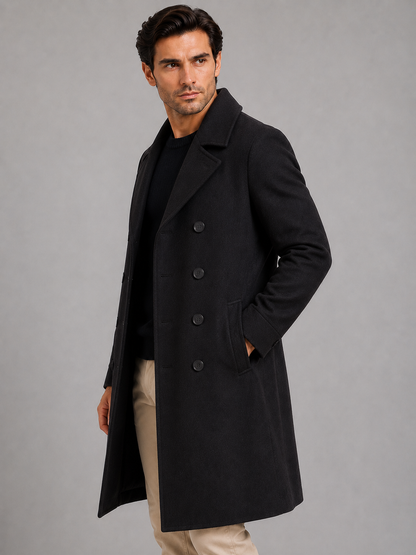 Men's Classic Wool Blend Double Breasted Long Coat