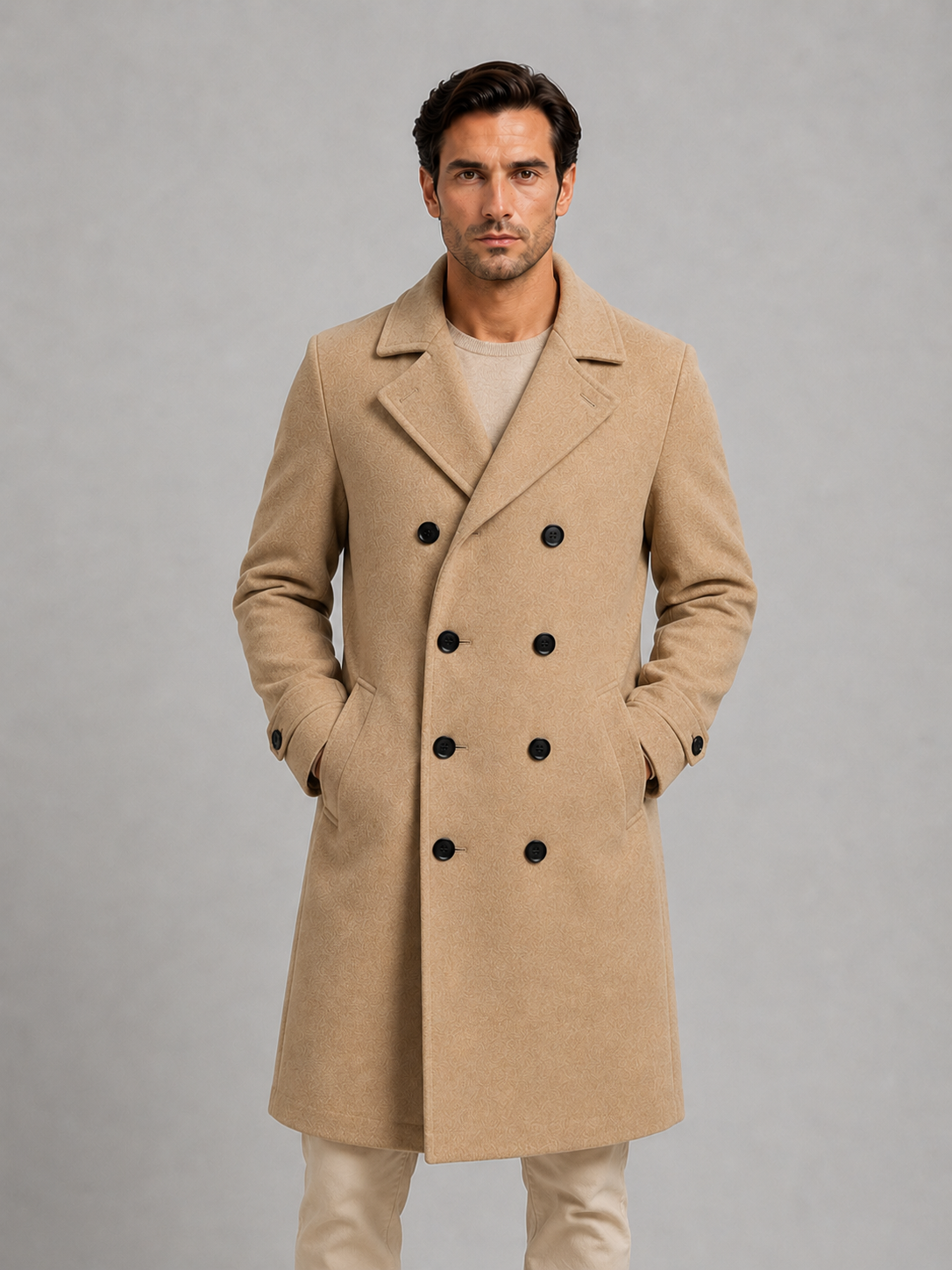 Men's Classic Wool Blend Double Breasted Long Coat