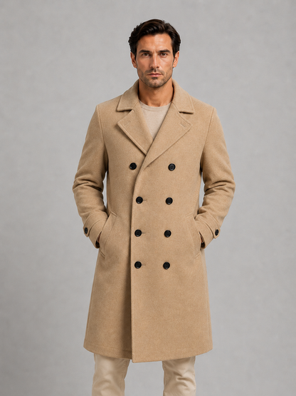 Men's Classic Wool Blend Double Breasted Long Coat