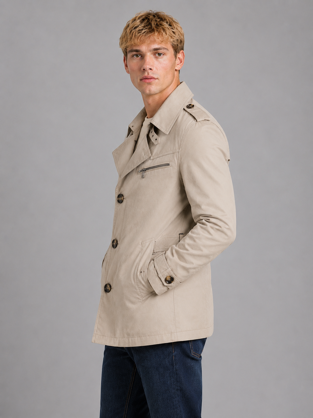 Men's Classic Wool Blend Double Breasted Trench Coat with Belt
