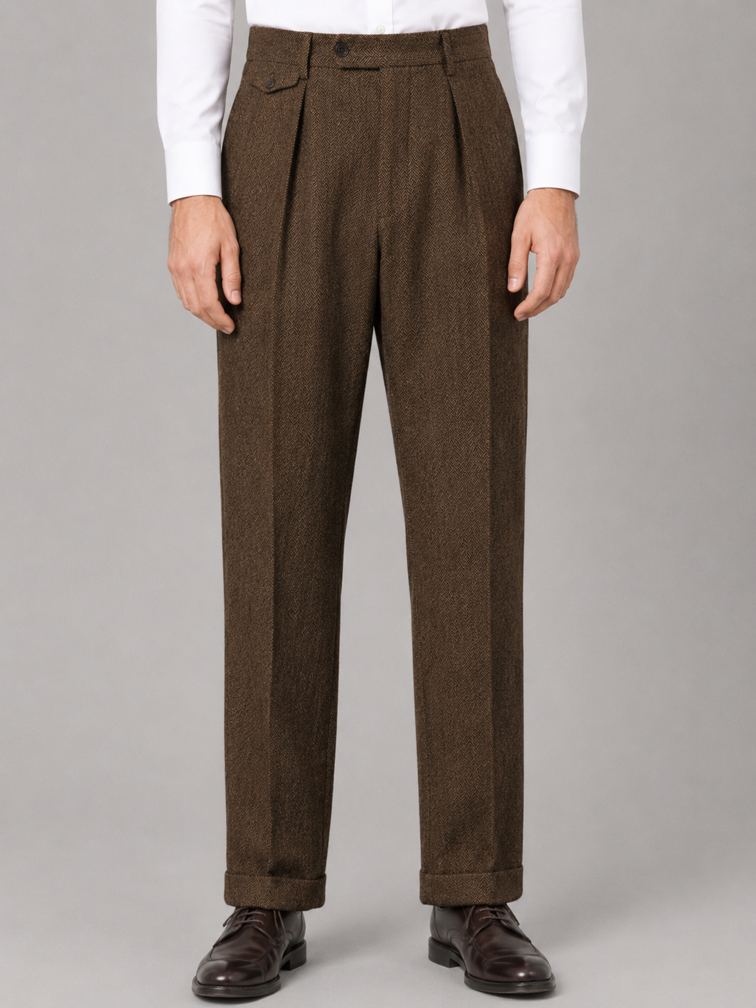 Men's Tailored Herringbone Pleated Straight Leg Trousers