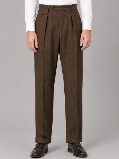 Men's Tailored Herringbone Pleated Straight Leg Trousers