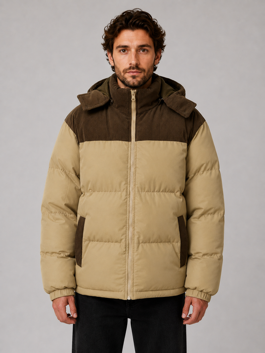 Men's Casual Corduroy Quilted Hooded Puffer Jacket