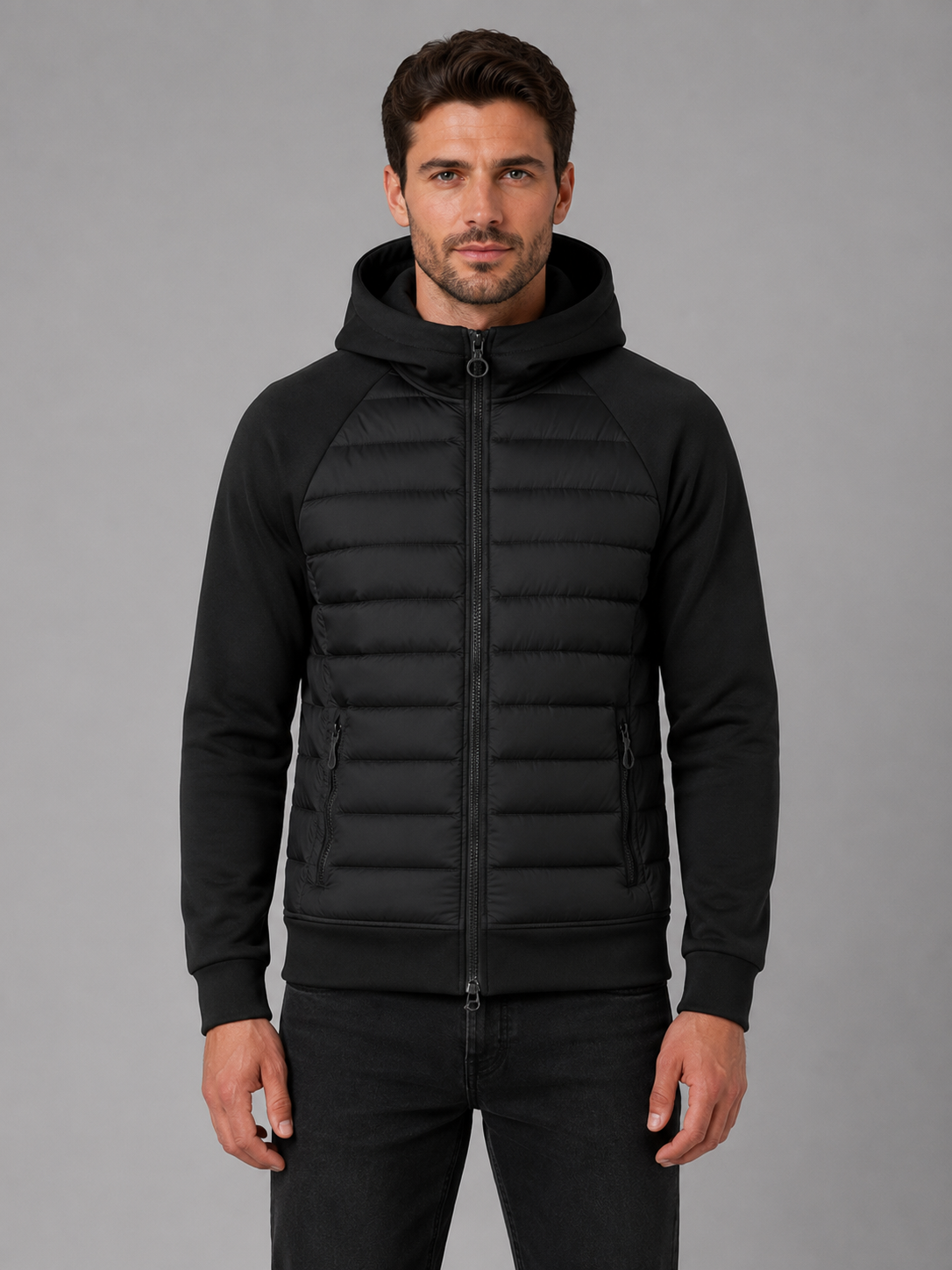 Men's Lightweight Quilted Hooded Jacket with Zip Front