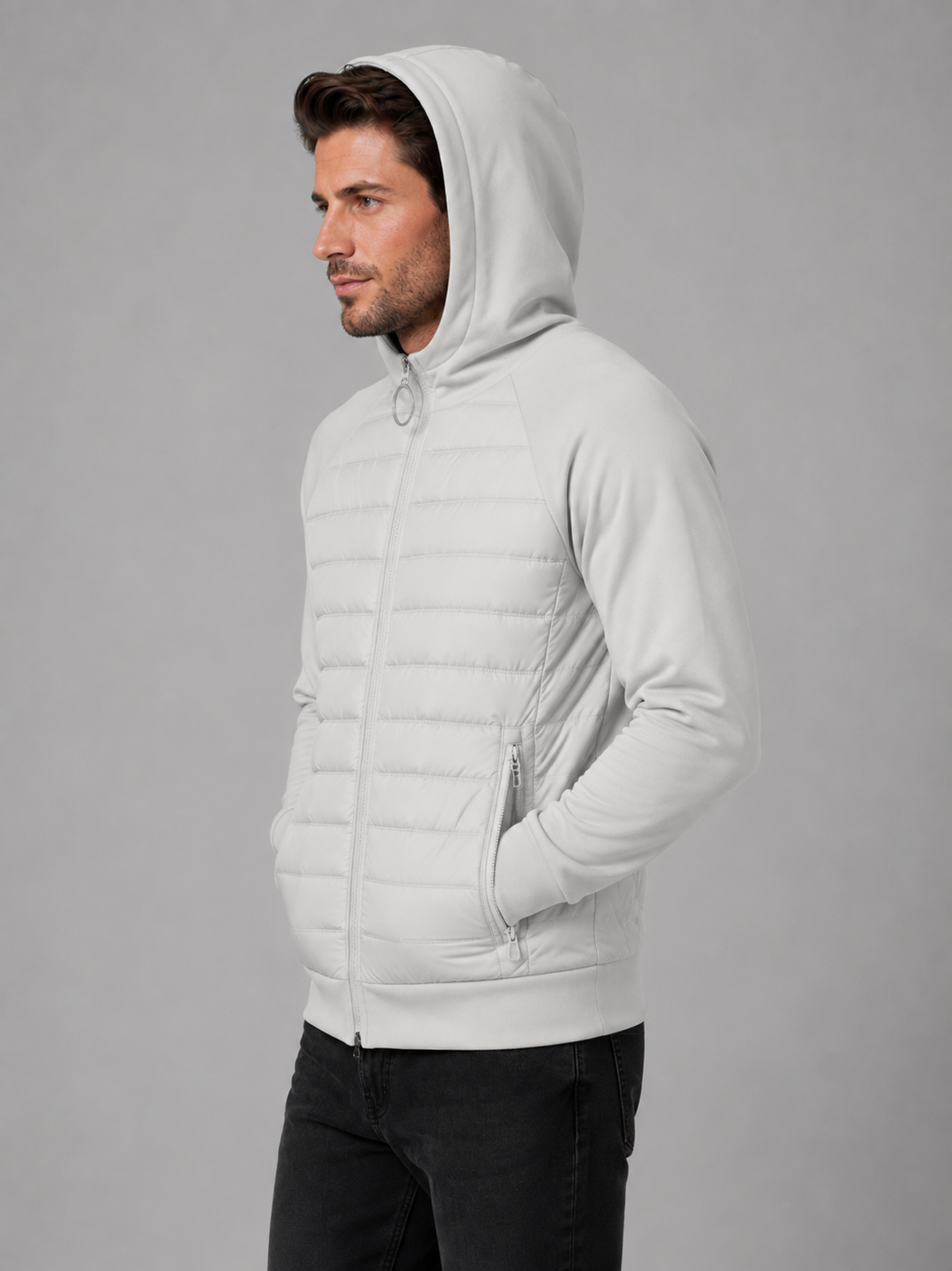 Men's Lightweight Quilted Hooded Jacket with Zip Front