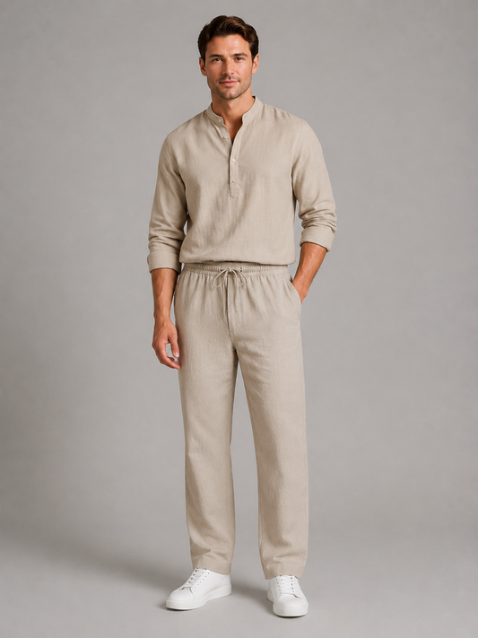 Men's Casual Linen Look Drawstring Trousers and Shirt Set