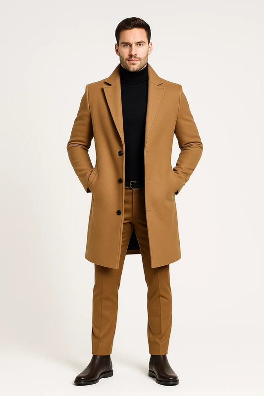 Men's Classic Wool Lapel Long Overcoat