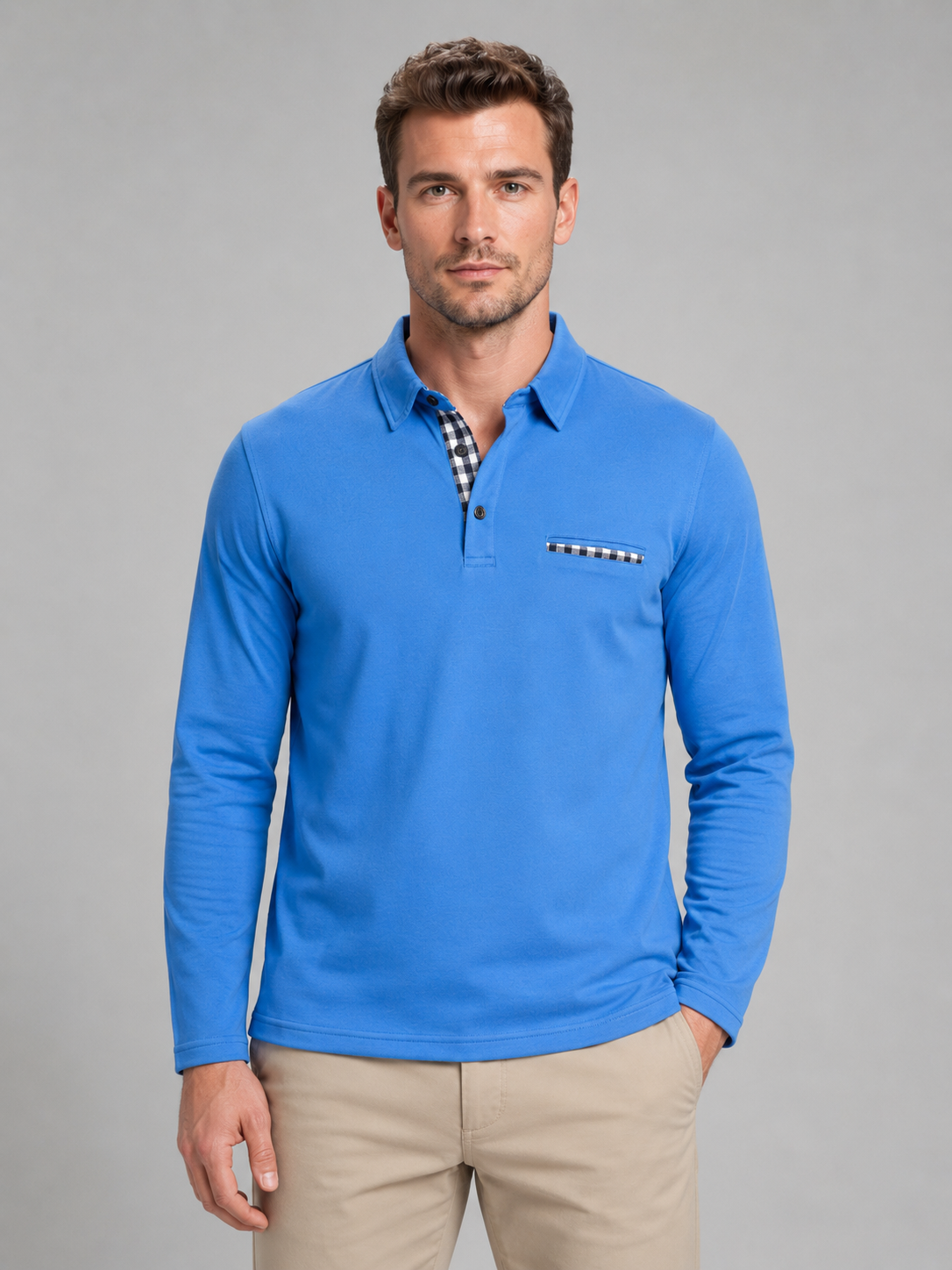 Men's Casual Cotton Long Sleeve Polo Shirt with Gingham Trim
