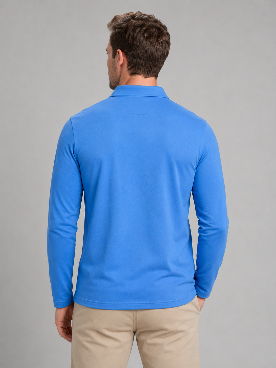 Men's Casual Cotton Long Sleeve Polo Shirt with Gingham Trim