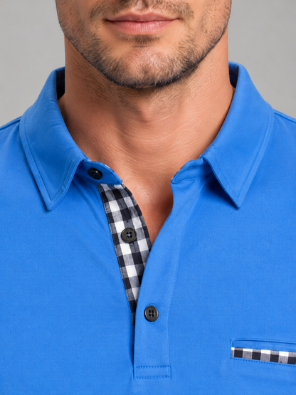 Men's Casual Cotton Long Sleeve Polo Shirt with Gingham Trim