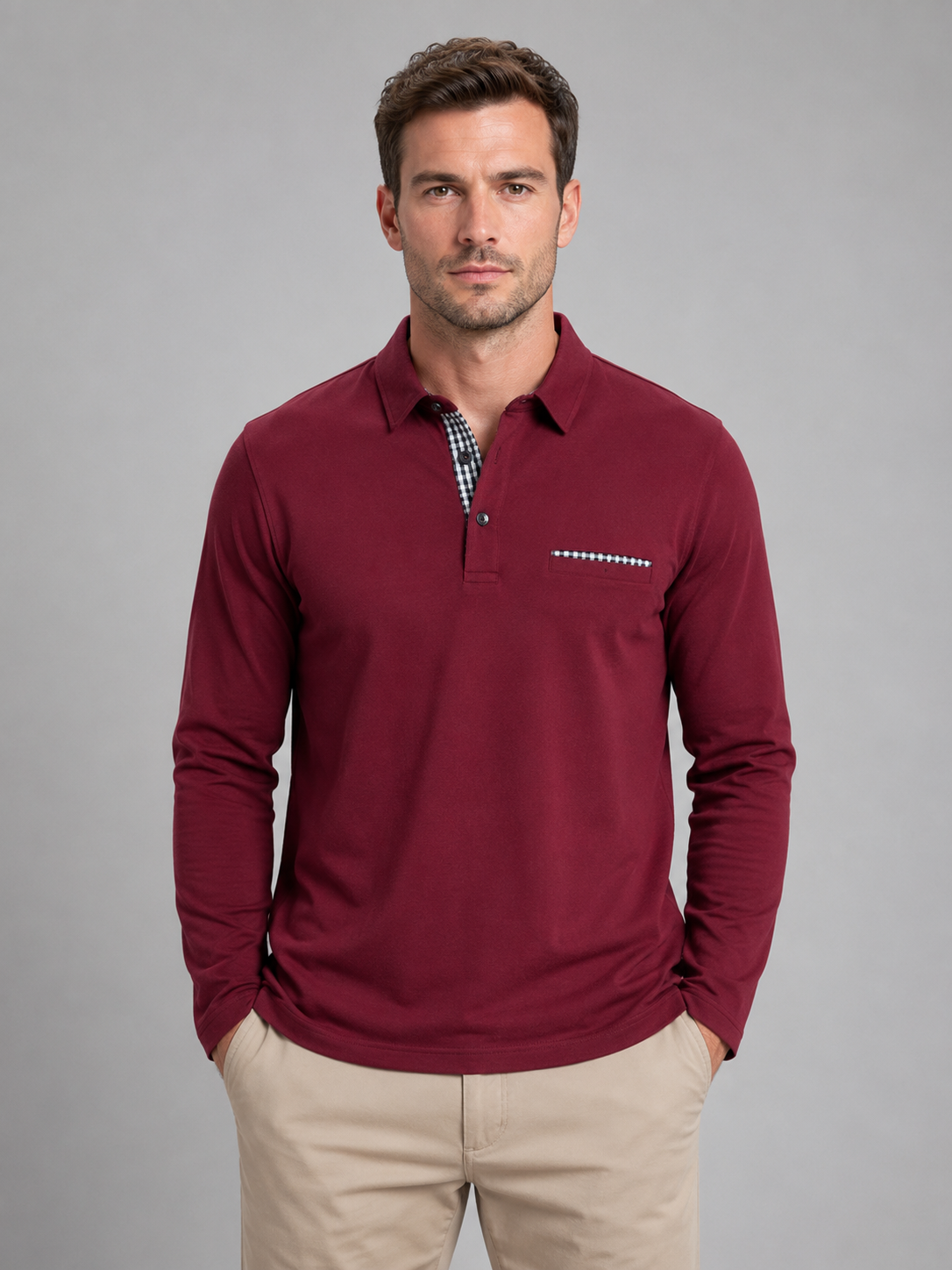 Men's Casual Cotton Long Sleeve Polo Shirt with Gingham Trim