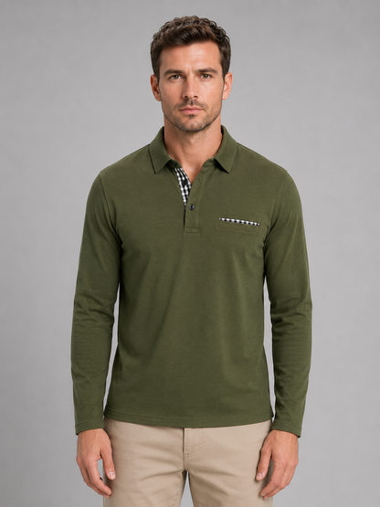 Men's Casual Cotton Long Sleeve Polo Shirt with Gingham Trim