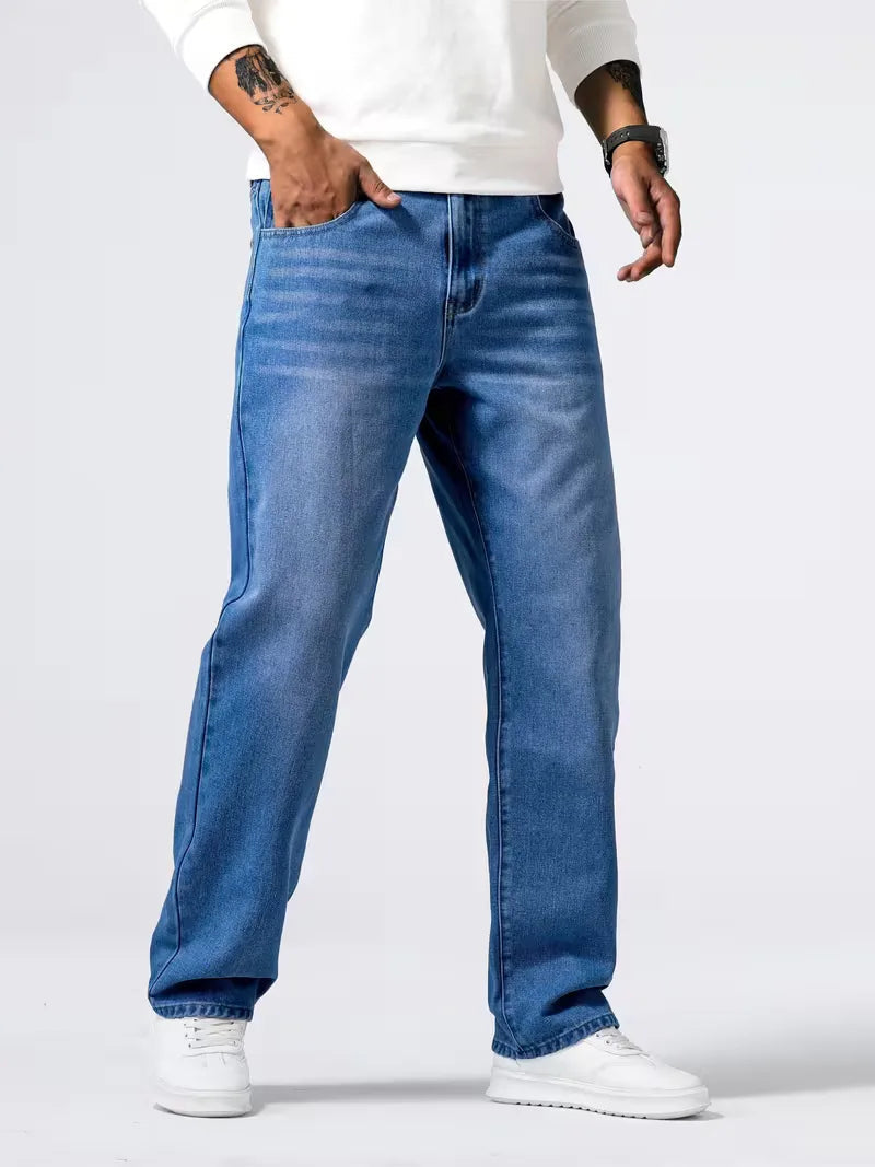 Men's Casual Loose Fit Straight Leg Denim Jeans with Five Pockets