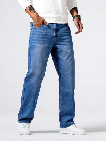 Men's Casual Loose Fit Straight Leg Denim Jeans with Five Pockets