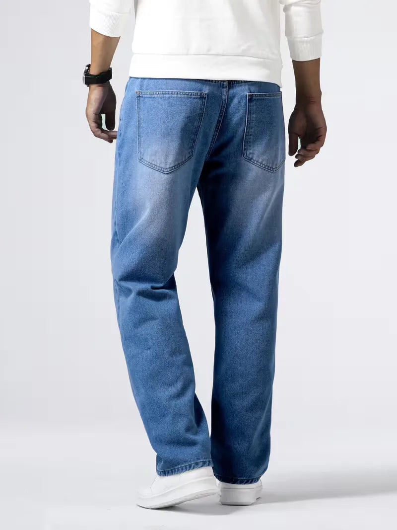 Men's Casual Loose Fit Straight Leg Denim Jeans with Five Pockets