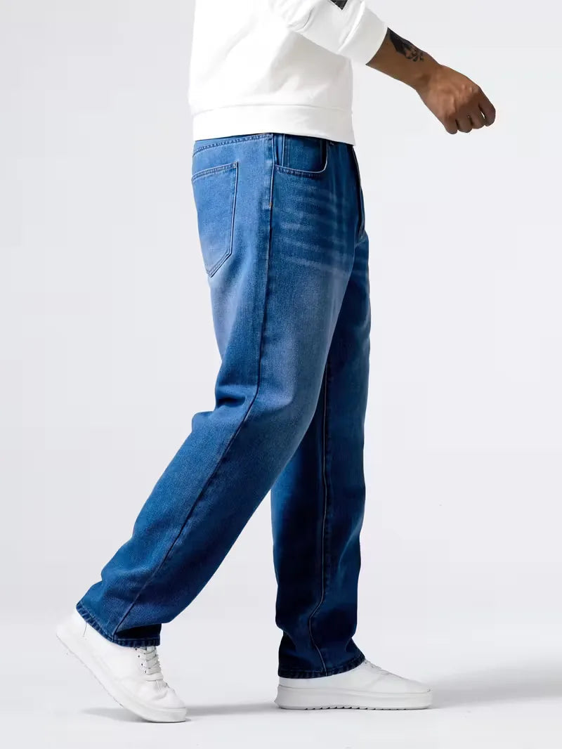 Men's Casual Loose Fit Straight Leg Denim Jeans with Five Pockets