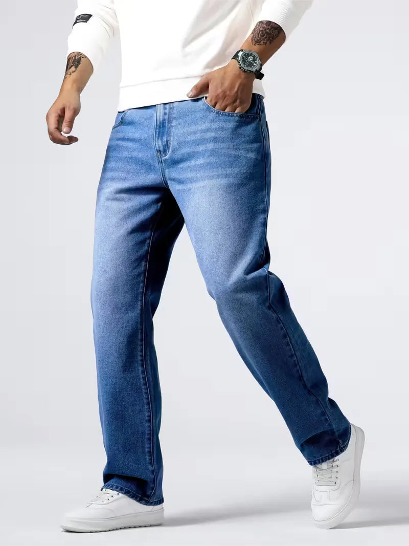 Men's Casual Loose Fit Straight Leg Denim Jeans with Five Pockets