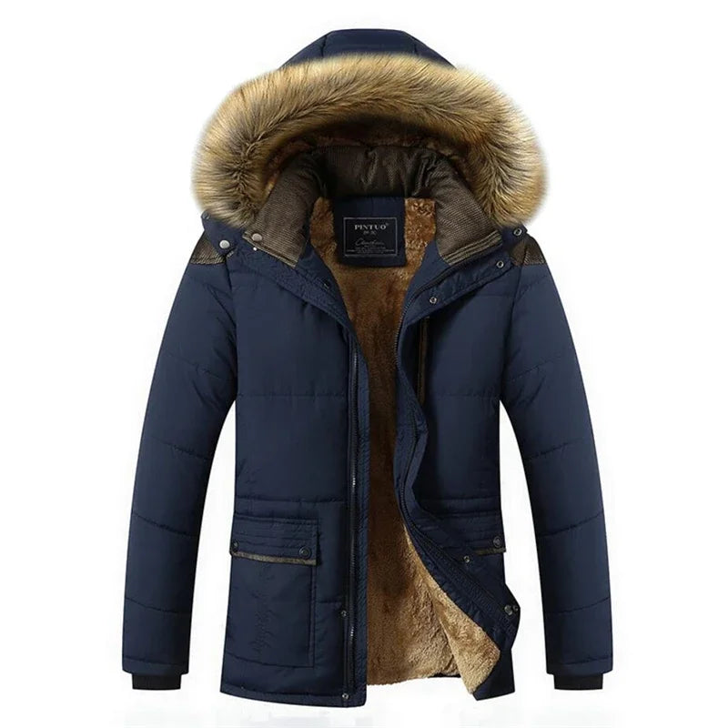 Warm Mens Long Coat with Fleece Hood