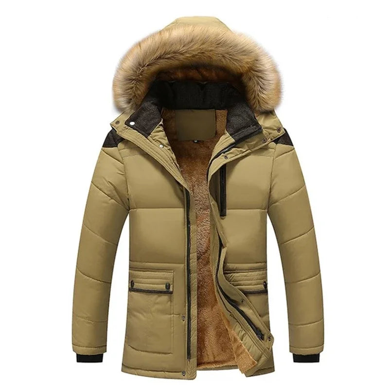 Warm Mens Long Coat with Fleece Hood