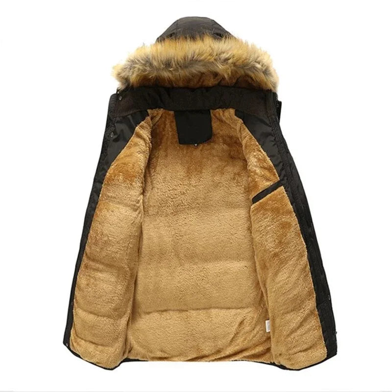 Warm Mens Long Coat with Fleece Hood