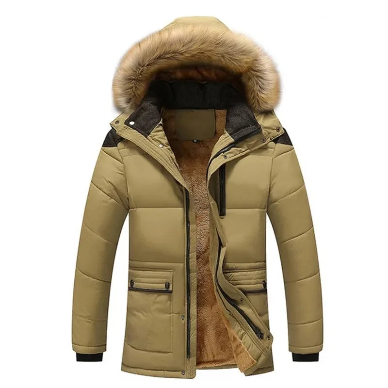 Warm Mens Long Coat with Fleece Hood
