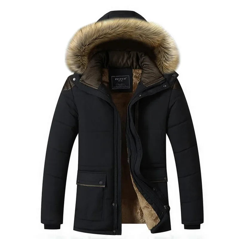 Warm Mens Long Coat with Fleece Hood
