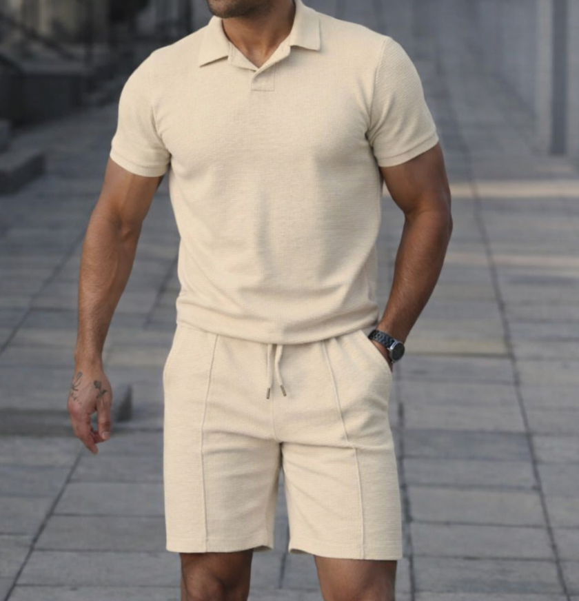 Men's Casual Cotton Polo Shirt and Shorts Set