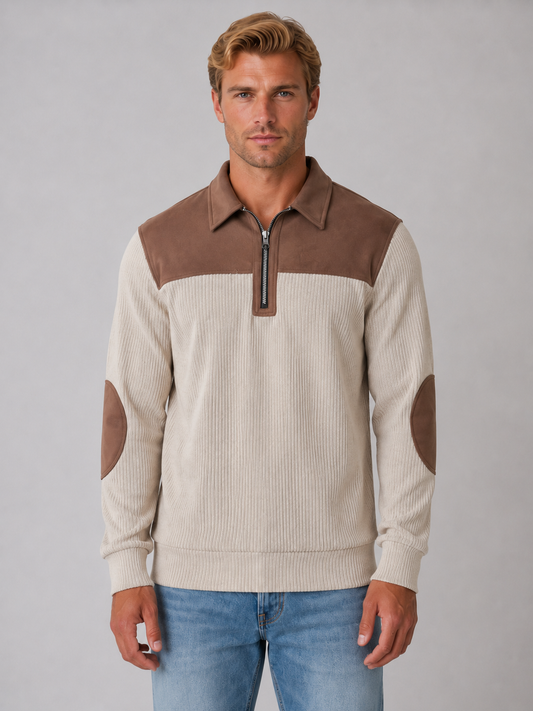Men's Classic Ribbed Cotton Quarter Zip Jumper with Elbow Patches