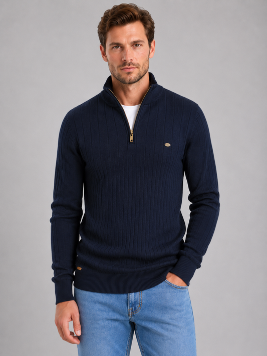 Men's Casual Cotton Ribbed Quarter Zip Funnel Neck Sweater