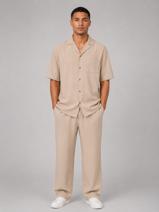 Men's Casual Cotton Short Sleeve Shirt and Drawstring Trousers Set