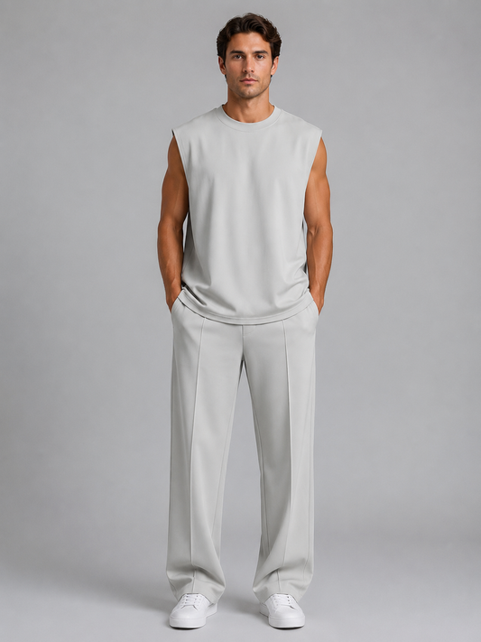 Men's Casual Sleeveless Cotton Top and Wide Leg Trouser Set