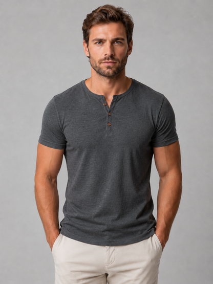Men's Casual Slim Fit Cotton Henley T-Shirt with Button Neck