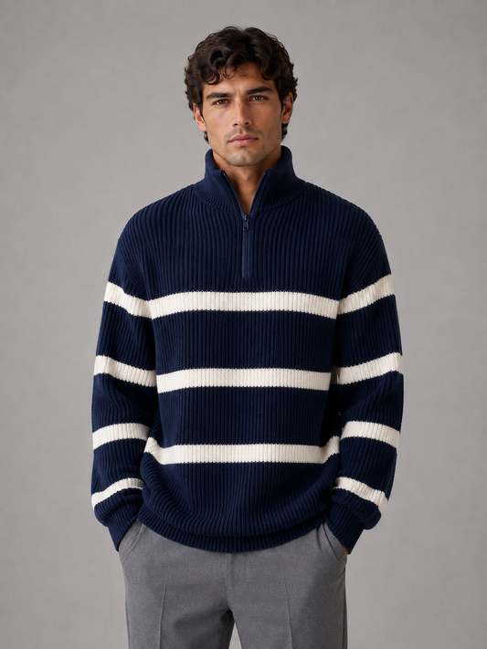 Men's Oversized Ribbed Knit Striped Half Zip Jumper