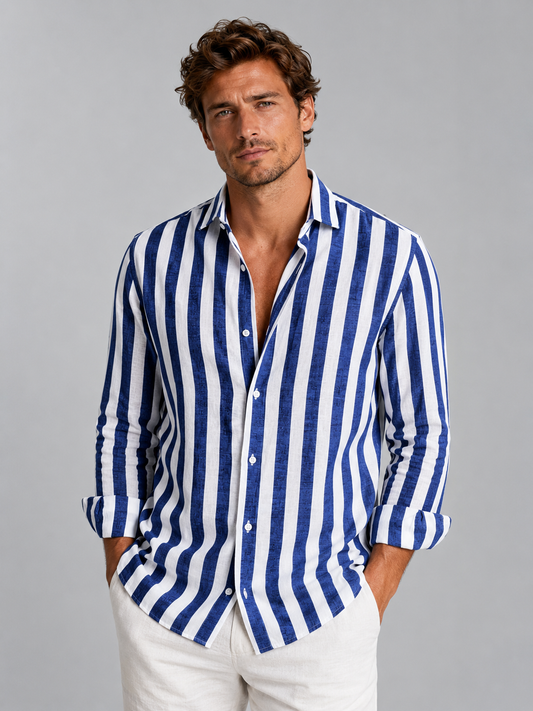 Men's Casual Linen Look Striped Button-Up Shirt