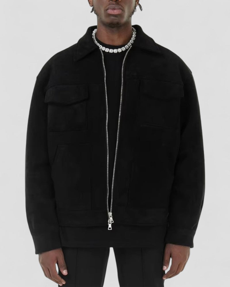 Men's Leather Zipper Jacket with Pocket Details