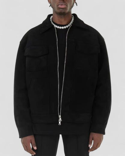 Men's Leather Zipper Jacket with Pocket Details