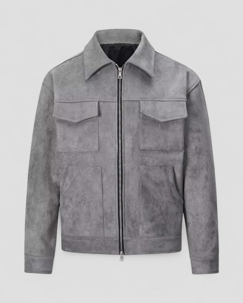Men's Leather Zipper Jacket with Pocket Details