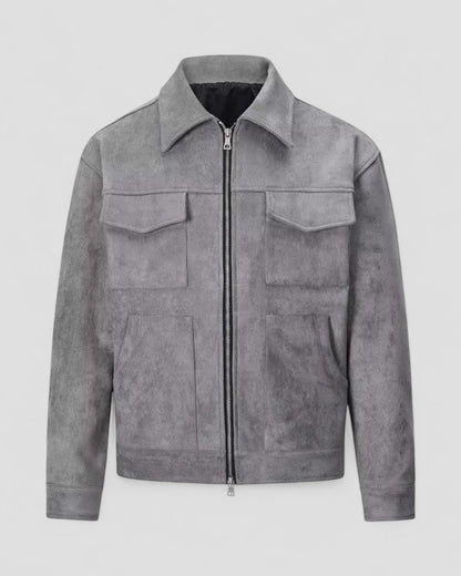 Men's Leather Zipper Jacket with Pocket Details