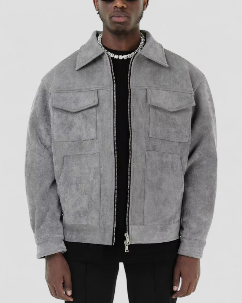 Men's Leather Zipper Jacket with Pocket Details