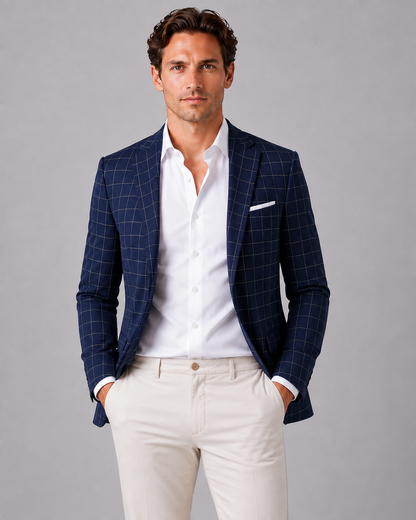 Men's Tailored Windowpane Wool Blazer Jacket