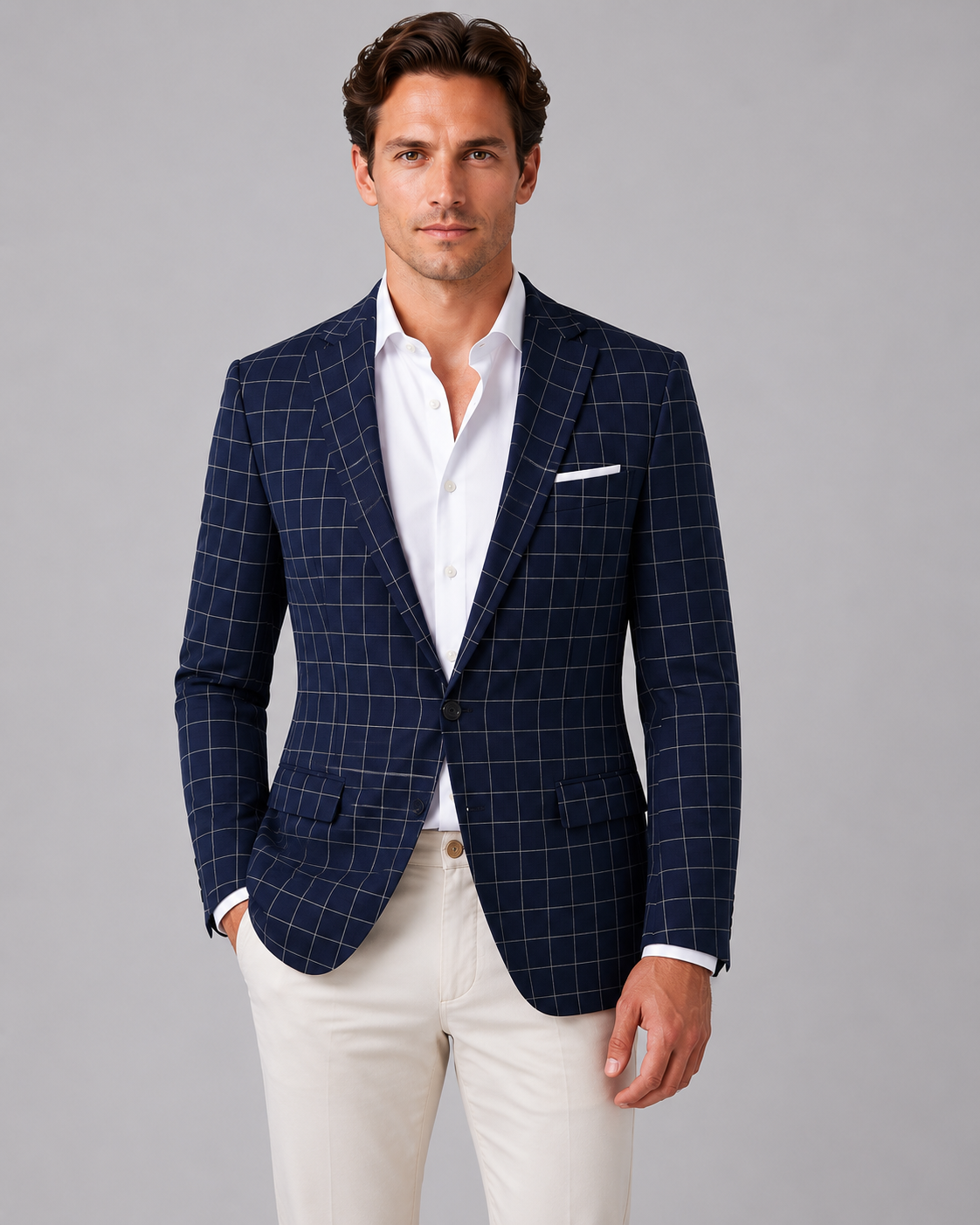 Men's Tailored Windowpane Wool Blazer Jacket
